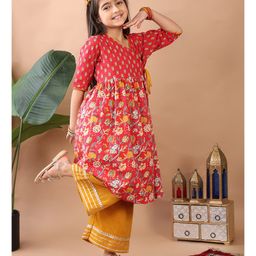 Kinder Kids Cotton Three Fourth Sleeves Floral Printed Angrakha Style Kurta With Palazzo Set - Red & Yellow-image-68