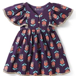 EARTHY TOUCH Single Jersey Knit Frill Sleeves Ethnic Dress with Floral Glitter Print & Lace Detailing - Purple-image-90