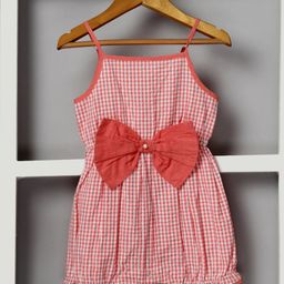 Budding Bees Cotton Sleeveless Checked & Bow Applique Detailed Jumpsuit - Pink-image-78