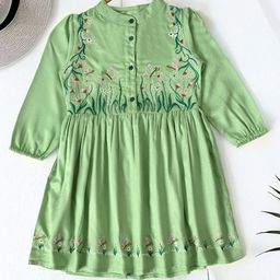 Bella Moda Cotton Full Puffed Sleeves Floral Embroidered Dress - Light Green-picture-21