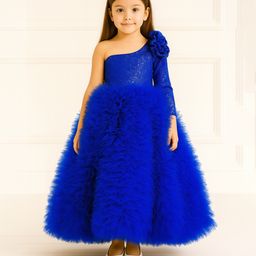 Tilism Woven One Shoulder Floral Applique Detailed Sequins Embellished Ruffled Gown - Blue-image-7