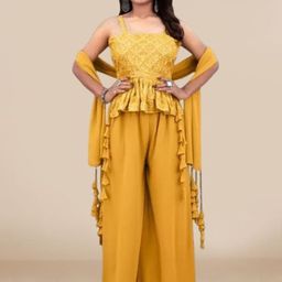 PARROT CREATION Floral Embroidered Sequinned Kurti With Sharara And Dupatta-5
