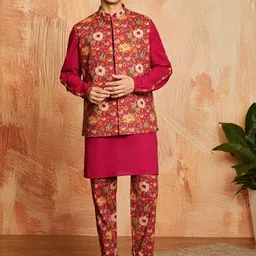 VASTRAMAY Floral Printed Mandarin Collar Straight Kurta With Pyjamas And Jacket-image-43