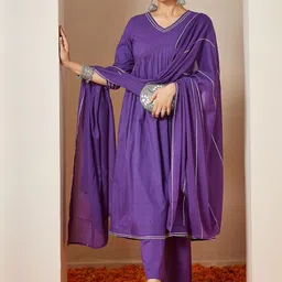 Janasya Women Solid Cotton A-Line Kurta with Trousers & Dupatta-picture-48