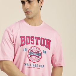 DILLINGER Men Pink & Blue Printed Drop-Shoulder Sleeves Pure Cotton Oversized  T-shirt-picture-11