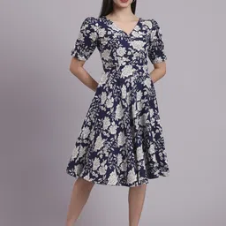 DHAKRE FASHION Women Floral Printed V-Neck Pure Cotton Puff Sleeve Fit & Flare Dress-picture-48