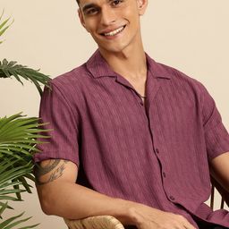 Mast & Harbour Self Design Textured Relaxed Fit Cuban Collar Casual Shirt-image-53