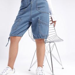 DressBerry Women Street Cool High-Rise Knee Length Denim Cargo Shorts-image-65