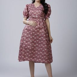 Mom For Sure by Ketki Dalal Floral Printed Puff Sleeve Maternity Fit & Flare Dress-image-19