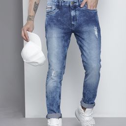 The Indian Garage Co Men Blue Slim Fit Low Distress Light Fade Acid Wash Stretchable Jeans-image-27