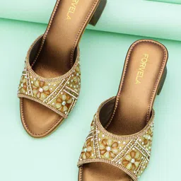 FORVELA Embellished Open Toe Block Heels-22