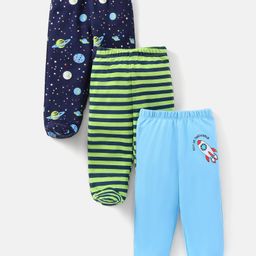 Babyhug Cotton Knit Footed Length Bootie Leggings Striped & Space Print Pack of 3 - Blue & Green-image-39