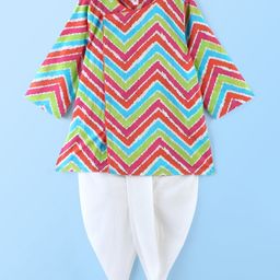Babyhug 100% Cotton Full Sleeves Angarakha Kurta & Solid Color Dhoti Set With Chevron Print- Blue Green & Pink-image-67