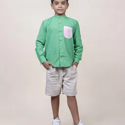 Jilmil Boy's Seen Colorblocked rolled up Cotton Shirt - Green-picture-45