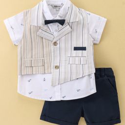 ToffyHouse Party Suit Half Sleeves Shirt & Shorts Set With Stripes Waistcoat & Bow - Multicolor-image-119