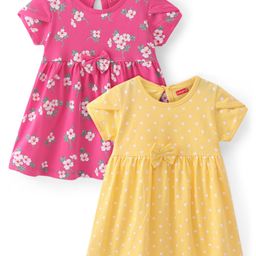 Babyhug Single Jersey Knit Half Sleeves Frocks With Floral & Polka Dot Print Pack of 2- Pink & Yellow-image-94
