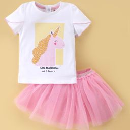 ToffyHouse Half Sleeves Top & Skirt With Unicorn Print - White & Pink-image-3