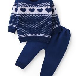 Babyhug Knit Full Sleeves Sweater & Pant Set Heart Design - Navy Blue-image-42