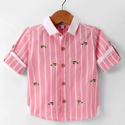 ToffyHouse 100% Cotton Woven Yarn Dyed Striped Full Sleeves Shirt with Car Embroidery - Peach-picture-18