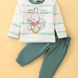 Mini Taurus Cotton Knit Full Sleeves T-Shirt & Lounge Pants Set With Teddy Print - Green-image-21