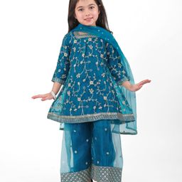 Babyhug Woven 3/4th Sleeves Sequinned Embroidered Kurti Palazzo & Net Dupatta Set - Teal Blue-image-61