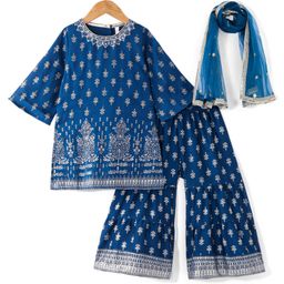 Babyhug Woven 3/4th Sleeves Foil Printed Kurti Gharara & Net Dupatta Set - Teal Blue-image-63