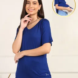Zelena Viscose Half Sleeves Solid Extra Stretchable Top With Zip - Blue-picture-20