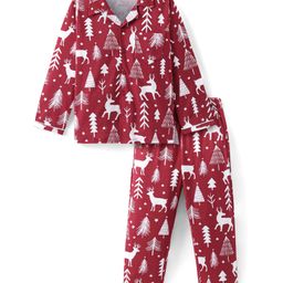 Honeyhap Premium 100% Cotton Knit Full Sleeves Night Suit With Winter Forest Theme Print - Dark Red-image-78