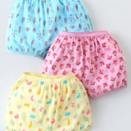 Revvo Junior Single Jersey Knit Bloomers with Bunny & Hearts Print Pack of 3 - Yellow Pink & Blue-image-5