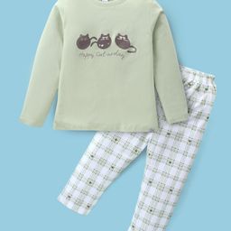 Teddy Sinker Knit Full Sleeves Night Suit With Kitten Print - Olive Green-image-18