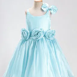 Enfance Cotton Silk Sleeveless Floral Applique Detailed Dress With Bow - Sky Blue-picture-17