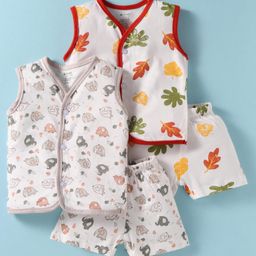 OHMS Single Jersey Knit Sleeveless Elephant & Tropical Theme Printed Shorts Night Suits Pack of 2 - White-picture-10