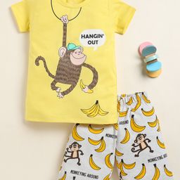 Little Marine Cotton Knit Half Sleeves Monkey Printed Tee With Shorts Set - Light Yellow-image-73