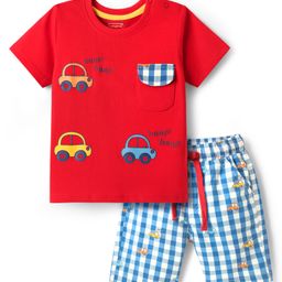 Babyhug Single Jersey Knit Half Sleeves T-Shirt & Checks Shorts Set With Car Embroidery - Red & Blue-image-57