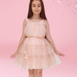 Cutecumber Net Woven Sleeveless Heart & Love Text Glitter Printed Dress - Peach-image-69