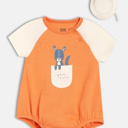 MINI KLUB Cotton Knit Half Raglan Sleeves Baby Animal Printed Onesie With Cap - Orange-image-21