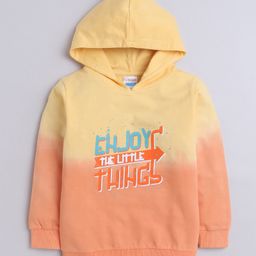 BUMZEE Looper Knit Full Sleeves Text Printed Hooded Sweatshirt - Orange & Yellow-image-0