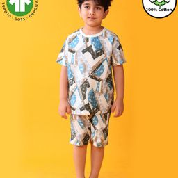 Anthrilo 100% Organic Cotton Knit Half Sleeves Abstract Printed Tee & Coordinating Shorts Set - Blue-image-88