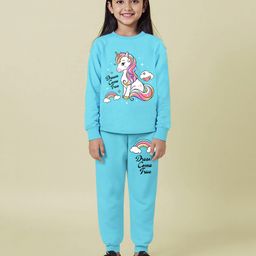 Trampoline Cotton Blend Full Sleeves Unicorn Printed Coordinating Tee & Joggers Set - Sky Blue-picture-41