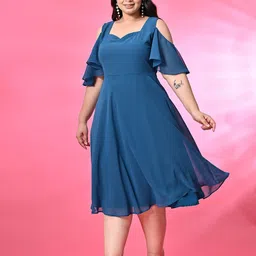 PrettyPlus by Desinoor.com Plus Size Cold-Shoulder Georgette Fit & Flare Dress image 4