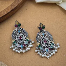 NAMAN ARTS Silver-Plated Artificial Stones Studded & Beaded Oxidised Chandbalis-48
