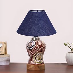 Devansh Blue Printed Wood Frusturical Shaped Table Lamp-30