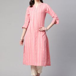 Cottinfab Women Pink & White Striped Gotta Patti Kurta-picture-29