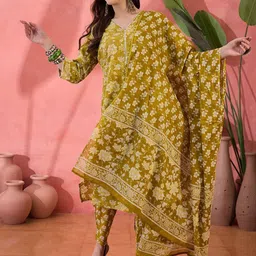 RangDeep Floral Printed V Neck Pure Cotton Kurta With Trousers & Dupatta-picture-9