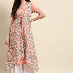 RANGMAYEE Women Peach-Coloured & White Floral Embroidered Floral Kurta-12