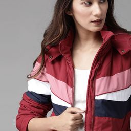 Roadster Women Maroon & Navy Blue Striped Hooded Padded Jacket-picture-23