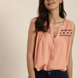 all about you Coral Pink Embroidered Mandarin Collar Regular Top-44