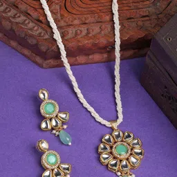 NVR Women Gold Plated Kundan Studded & Pearls Beaded Long Jewellery Set-image-10
