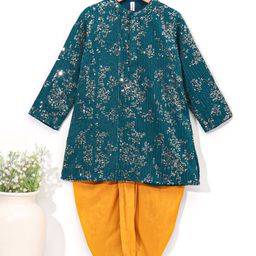 Babyhug Full Sleeves Solid Kurta Dhoti Set All Over Sequins - Blue Yellow-image-77
