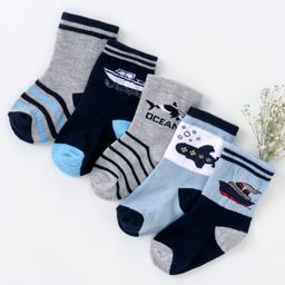 Cutewalk By Babyhug Anti Bacterial Ankle Length Non Terry Socks Submarine Design Pack of 5 - Blue & Black-image-10